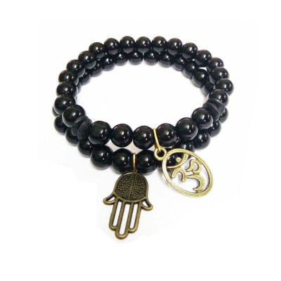 Hamsa Hand Om Charm Onyx Beads Bracelet Combo