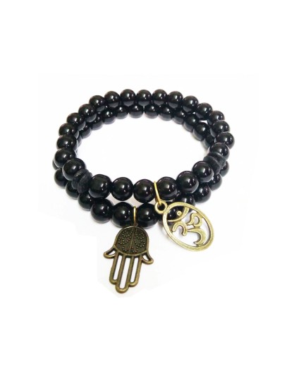 Hamsa Hand Om Charm Onyx Beads Bracelet Combo