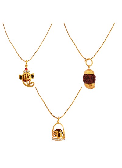 Gold Plated Vakratund Ganesha,Shivaling & Gold Cap Rudraksha Pendant Combo For Men & Women