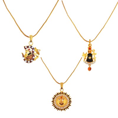 Gold Plated Om With Vakratund Ganesha,Shivaling With Trishul & Lord Surya Pendant Combo For Men
