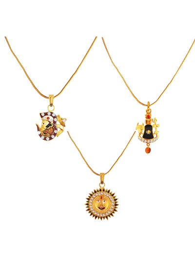 Gold Plated Om With Vakratund Ganesha,Shivaling With Trishul & Lord Surya Pendant Combo For Men