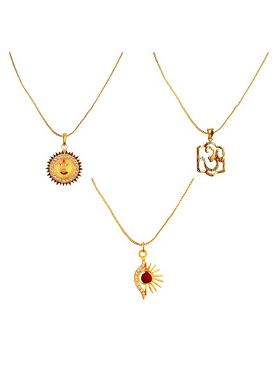 Gold Plated OM, Lord Surya & Half Design Lord Surya With Rudraksha Pendant Combo 