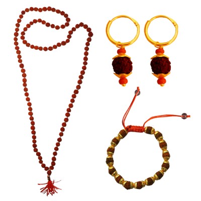 Gold Cap Rudraksha Mala, Earring & Bracelet Perfect Rudraksha Combo For Men & Boy