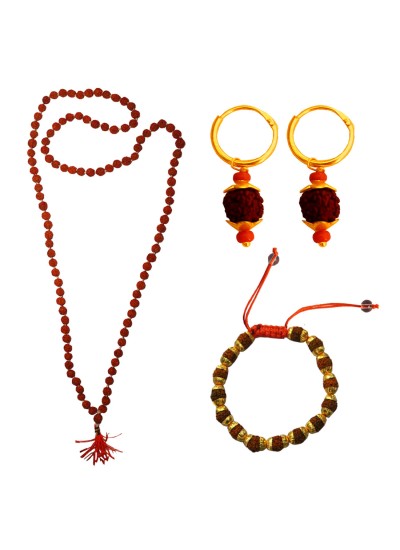 Gold Cap Rudraksha Mala, Earring & Bracelet Perfect Rudraksha Combo For Men & Boy