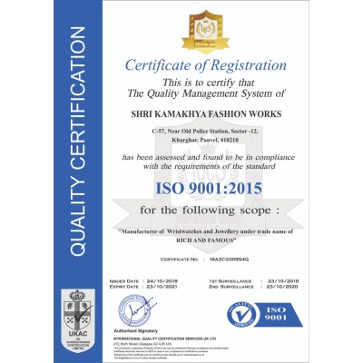 ISO-CERTIFICATE-  18AZCG00954Q-  ISO 9001:2015 CERTIFICATE FOR RICH AND FAMOUS WATCHES 