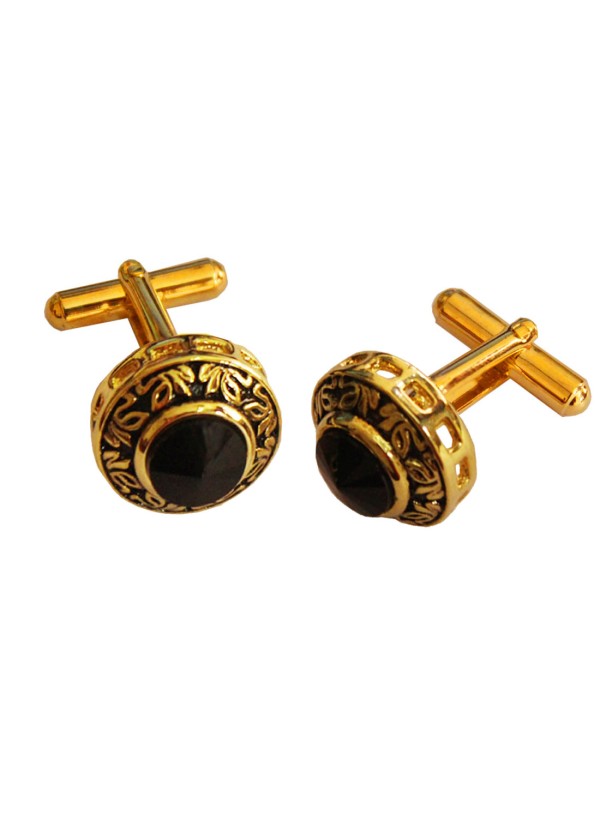 Menjewell Black Stone Studed Round Design Antique Cufflinks