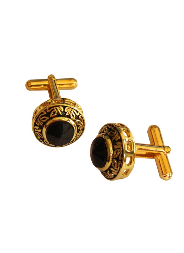 Menjewell Black Stone Studed Round Design Antique Cufflinks