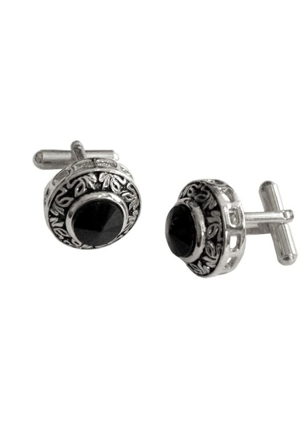 Menjewell Black Stone Studed Round Design Antique Cufflinks