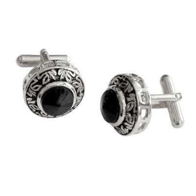 Menjewell Black Stone Studed Round Design Antique Cufflinks