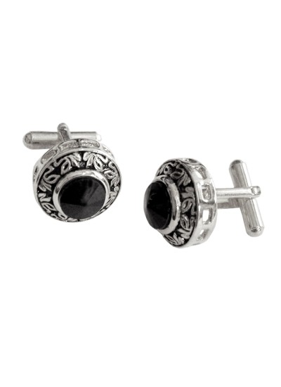 Menjewell Black Stone Studed Round Design Antique Cufflinks