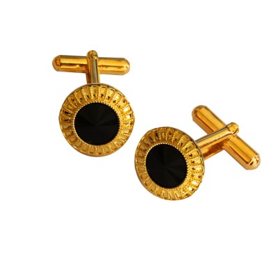 Gold Black Stone Studded Round Design Antique Cufflinks 