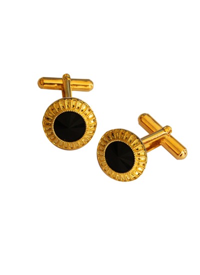 Gold Black Stone Studded Round Design Antique Cufflinks 