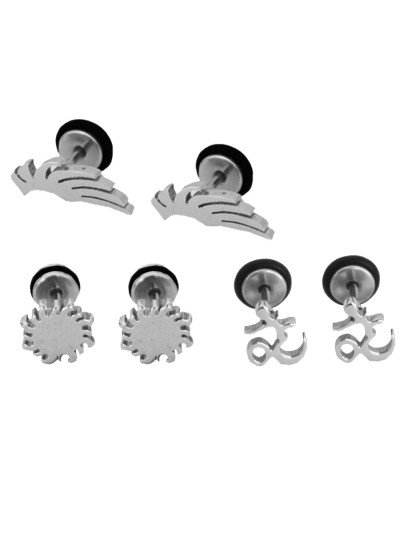 Silver:Black Unique Om Design & Different Stud Earring Combo For Men