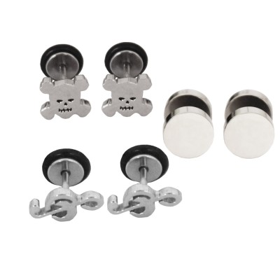 Silver:Black Unique Music Symbol & Round Shape Stud Earring Combo For Men