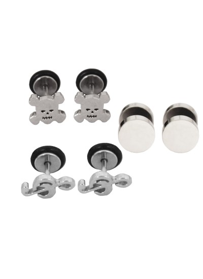 Silver:Black Unique Music Symbol & Round Shape Stud Earring Combo For Men