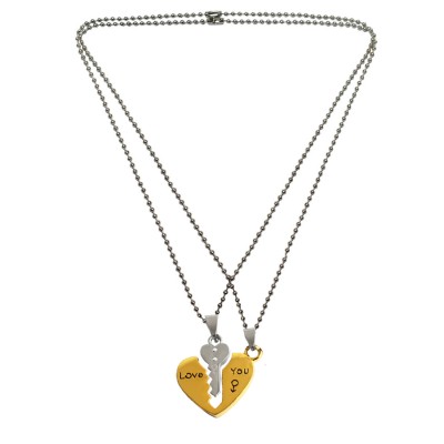 Lovely Heart Gold::Silver You Key To My Heart "Love You" Couple Pendant