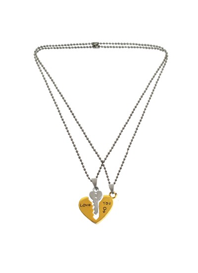 Lovely Heart Gold::Silver You Key To My Heart "Love You" Couple Pendant