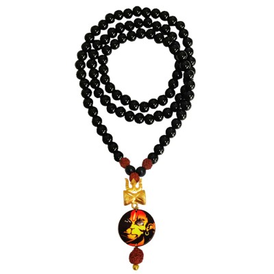 Pawan Putra Hanuman Bajrang Bali, Trishul Damru Pendant Black Onyx Beads Mala