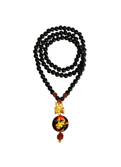 Pawan Putra Hanuman Bajrang Bali, Trishul Damru Pendant Black Onyx Beads Mala