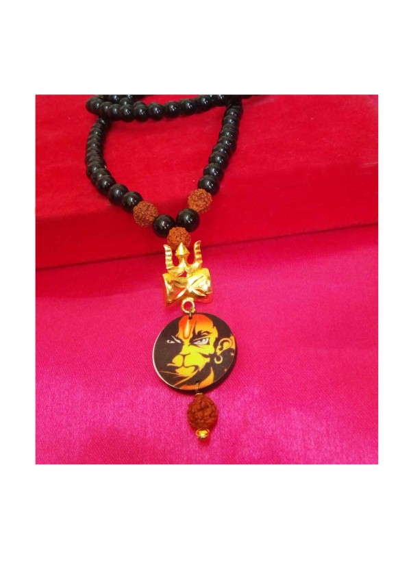 Pawan Putra Hanuman Bajrang Bali, Trishul Damru Pendant Black Onyx Beads Mala