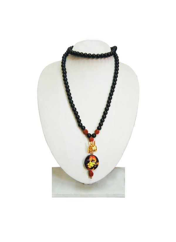 Pawan Putra Hanuman Bajrang Bali, Trishul Damru Pendant Black Onyx Beads Mala