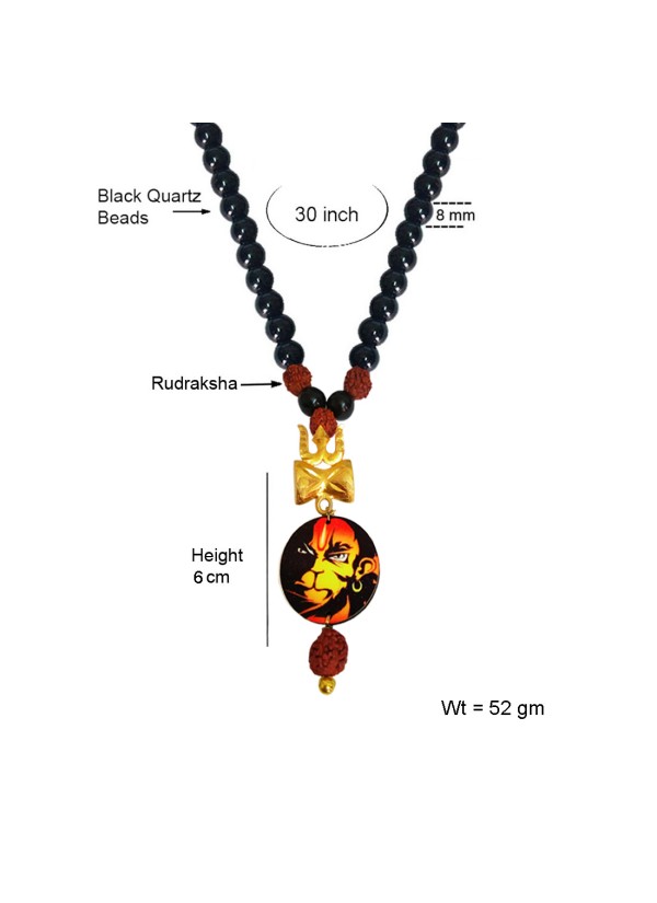 Pawan Putra Hanuman Bajrang Bali, Trishul Damru Pendant Black Onyx Beads Mala