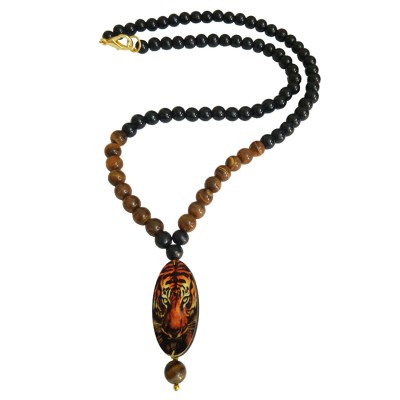 Tiger Design Pendant With Tiger Eye Stone Black Onyx Beads Mala