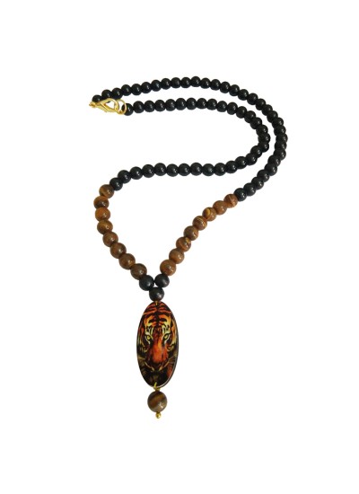 Tiger Design Pendant With Tiger Eye Stone Black Onyx Beads Mala