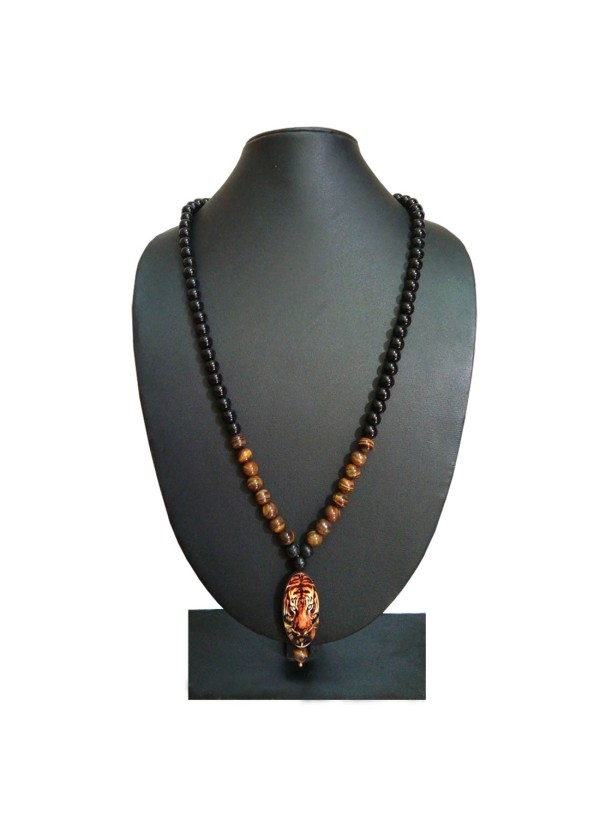 Tiger Design Pendant With Tiger Eye Stone Black Onyx Beads Mala