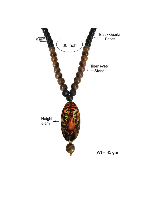 Tiger Design Pendant With Tiger Eye Stone Black Onyx Beads Mala