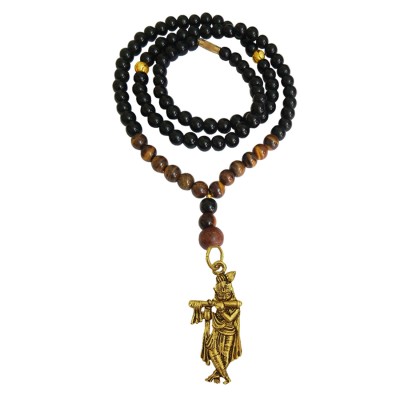 Shri Krishna Pendant With Micro Gold Beads,Tiger Eye Stone Black Onyx Beads Mala