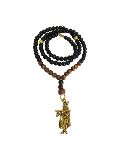 Shri Krishna Pendant With Micro Gold Beads,Tiger Eye Stone Black Onyx Beads Mala