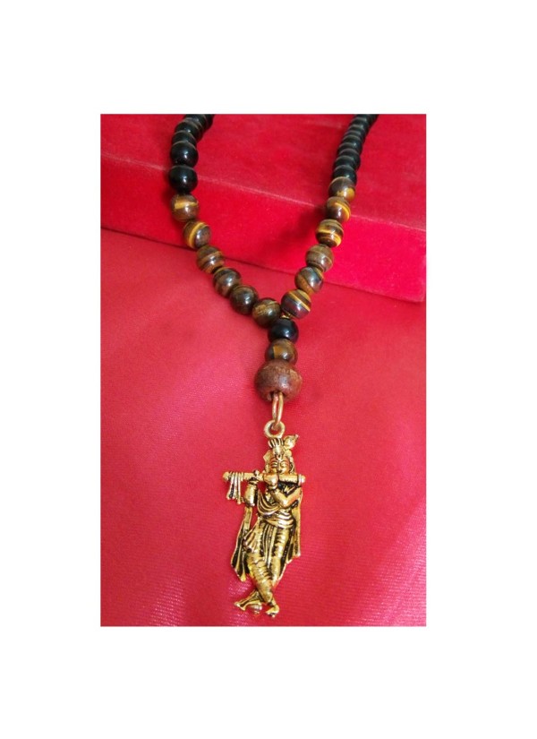 Shri Krishna Pendant With Micro Gold Beads,Tiger Eye Stone Black Onyx Beads Mala