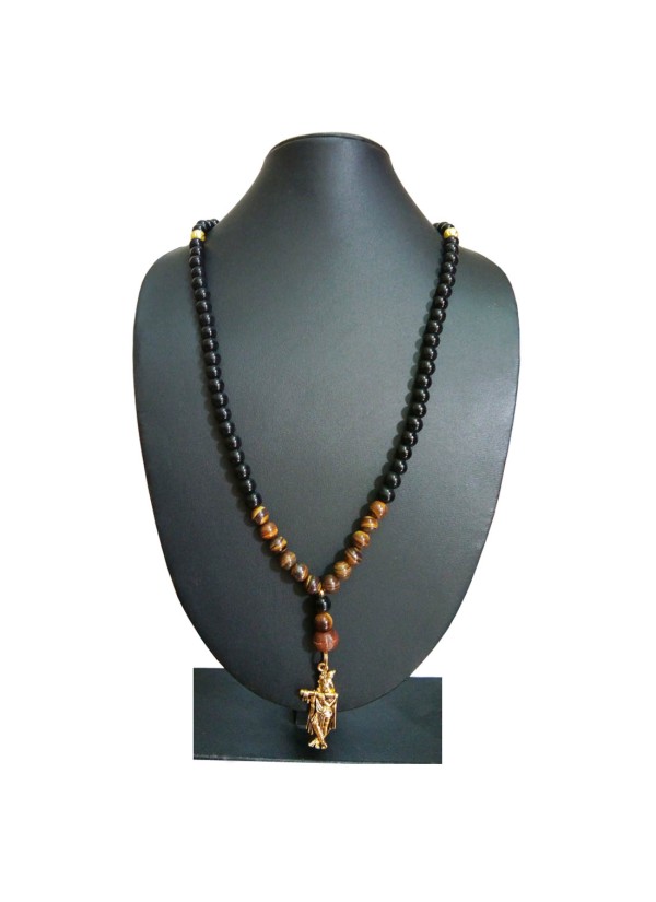 Shri Krishna Pendant With Micro Gold Beads,Tiger Eye Stone Black Onyx Beads Mala