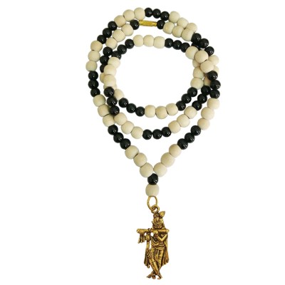 Krishna Pendant With White Tulsi Beads With Black Onyx Beads Mala