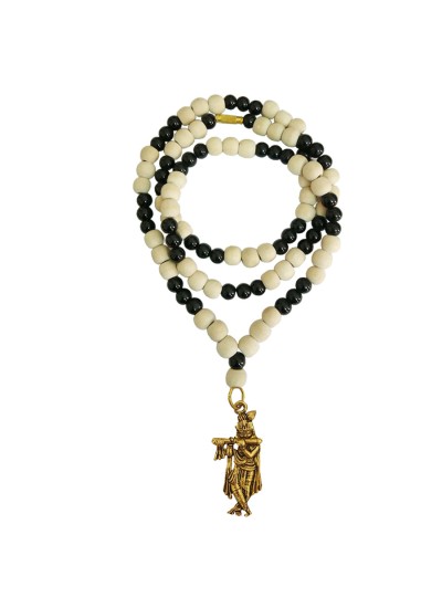 Krishna Pendant With White Tulsi Beads With Black Onyx Beads Mala