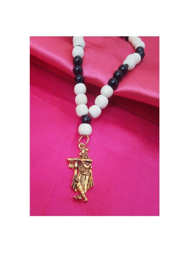 Krishna Pendant With White Tulsi Beads With Black Onyx Beads Mala