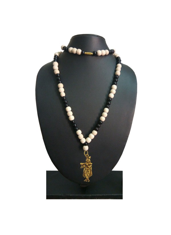 Krishna Pendant With White Tulsi Beads With Black Onyx Beads Mala