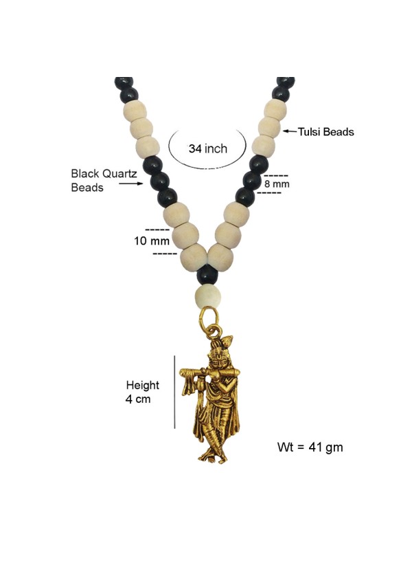 Krishna Pendant With White Tulsi Beads With Black Onyx Beads Mala