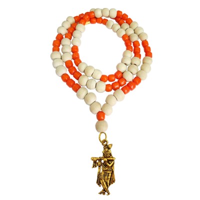 Krishna Pendant Moonga Crystal With White Tulsi Beads Mala