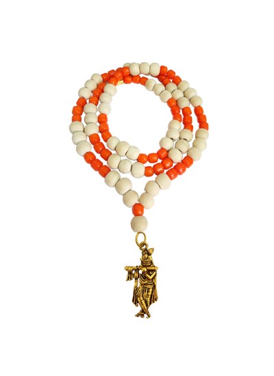 Krishna Pendant Moonga Crystal With White Tulsi Beads Mala