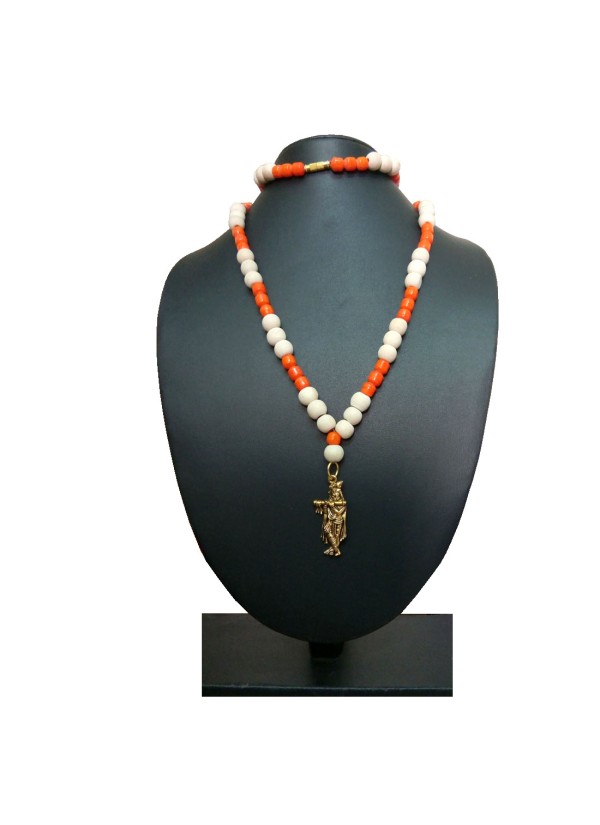 Krishna Pendant Moonga Crystal With White Tulsi Beads Mala