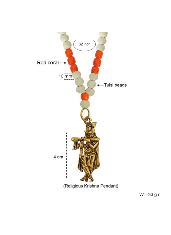 Krishna Pendant Moonga Crystal With White Tulsi Beads Mala