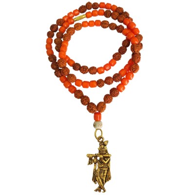 Shri Krishna Pendant Moonga Crystal with rudraksha beads Mala Wood, Stone, Brass Pendant