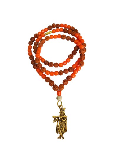 Shri Krishna Pendant Moonga Crystal with rudraksha beads Mala Wood, Stone, Brass Pendant