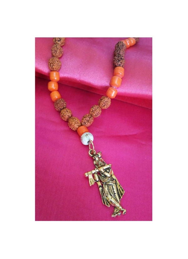 Shri Krishna Pendant Moonga Crystal with rudraksha beads Mala Wood, Stone, Brass Pendant