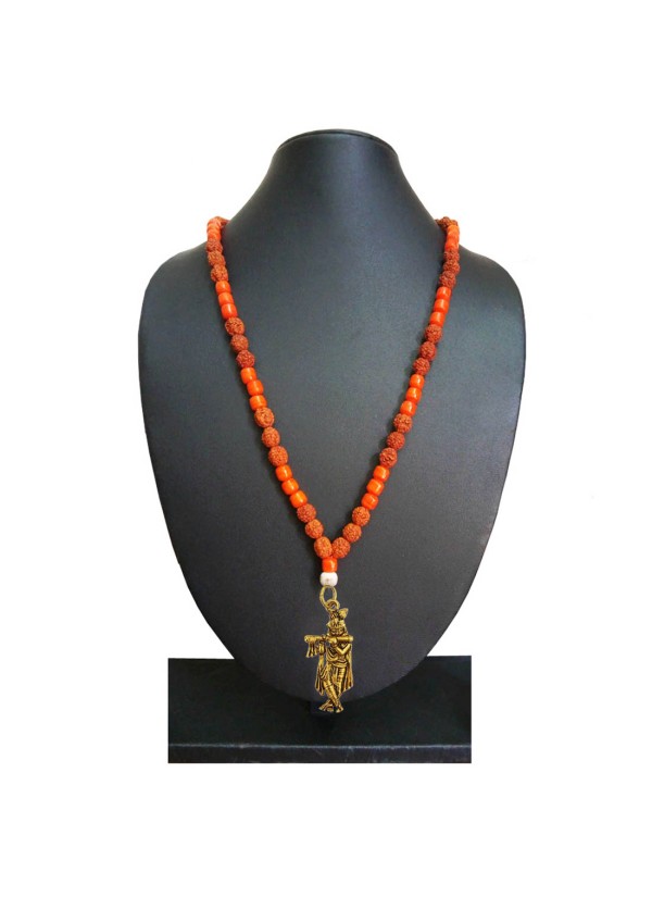 Shri Krishna Pendant Moonga Crystal with rudraksha beads Mala Wood, Stone, Brass Pendant