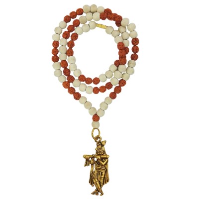 Shri Krishna Pendant White Tulsi Beads, Rudraksha Mala Wood, Brass Pendant