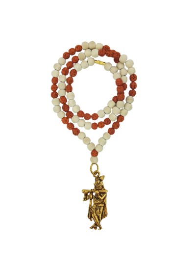 Shri Krishna Pendant White Tulsi Beads, Rudraksha Mala Wood, Brass Pendant