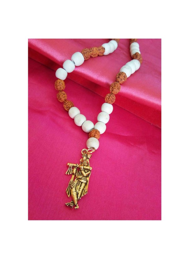 Shri Krishna Pendant White Tulsi Beads, Rudraksha Mala Wood, Brass Pendant